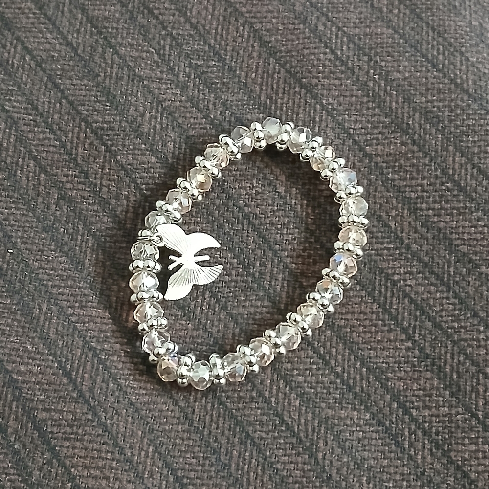 Elegant Silver and Pale Pink Beaded Bracelet with Butterfly Charm